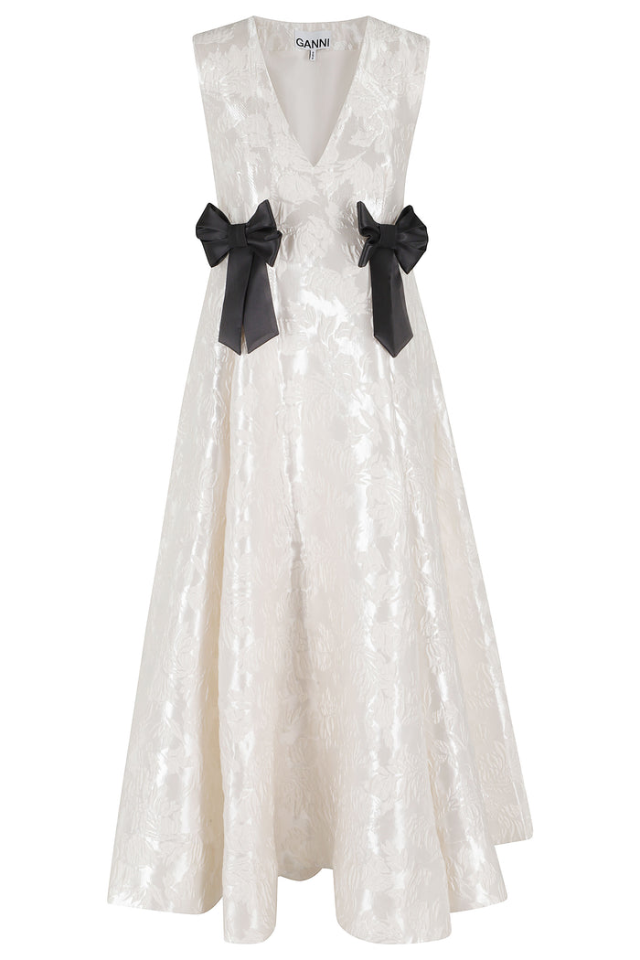 Satin Cloque V Neck Long Dress Nude & Neutrals Poliestere Riciclato Abito
