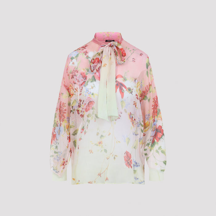 Miami Flowers Blouse Green Silk Shirt