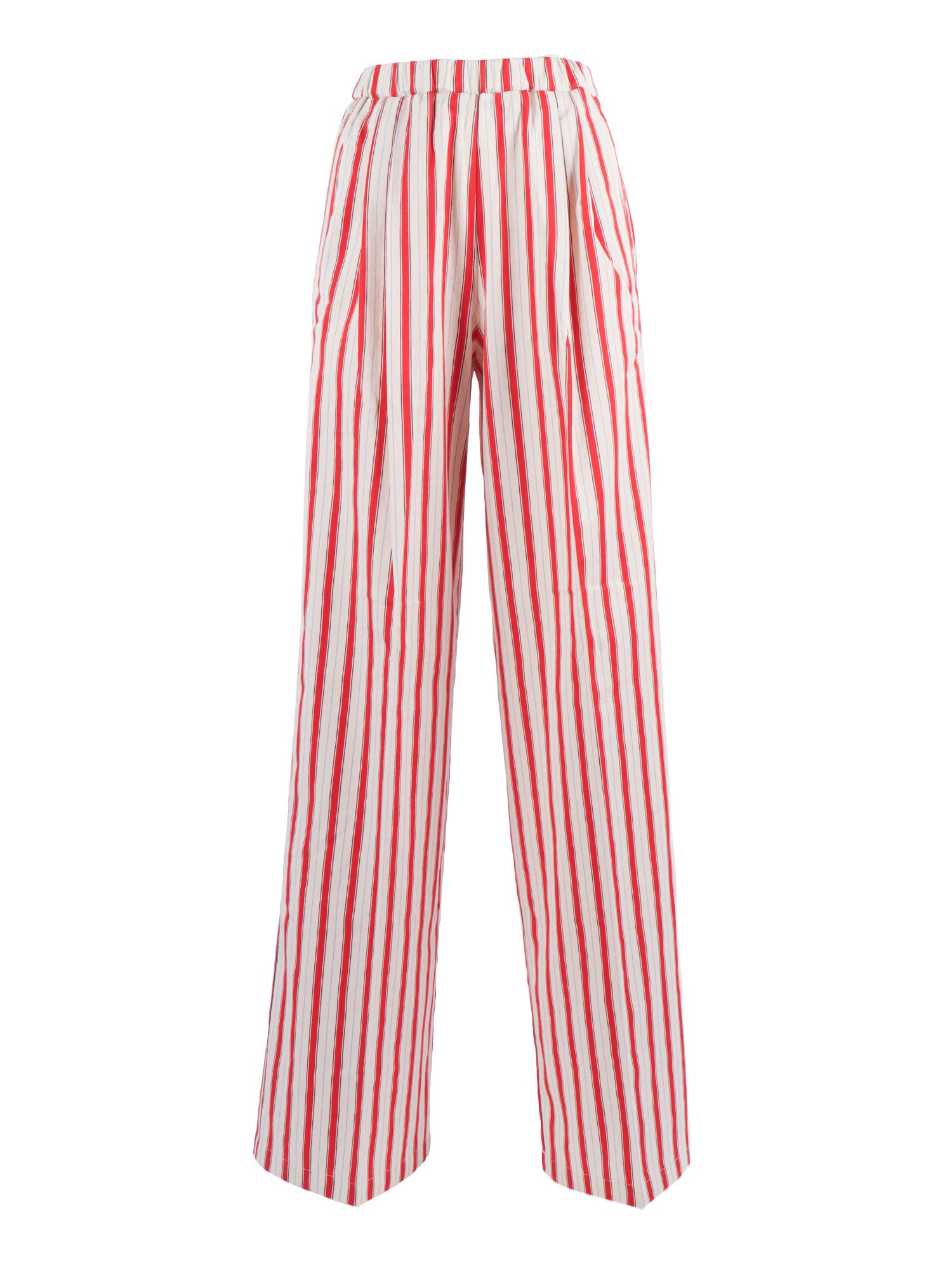 Straight-Leg Trousers Contemporary Cotton Stripe Red Silk Lining