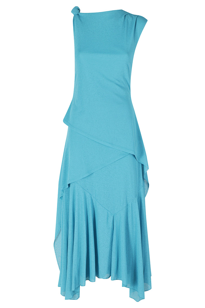 Marl Mesh Draped Knot Detailing Long Dress Blue Recycled Polyester Abito