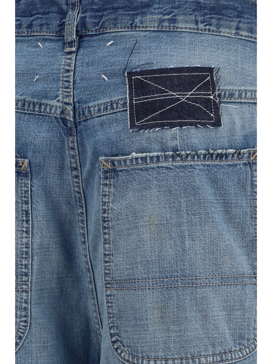 Jeans Wide Leg Patchwork Medium Blue Vintage Cotton Trousers