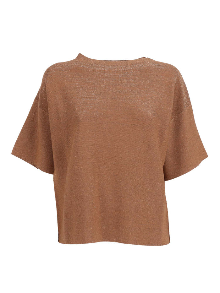LUREX COTTON WOOL BOATNECK SHORT SLEEVE SWEATER Beige Viscose Polyester Crewneck