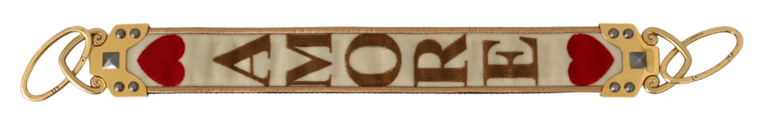 Gold White Textile Leather Amore Shoulder Strap Bag