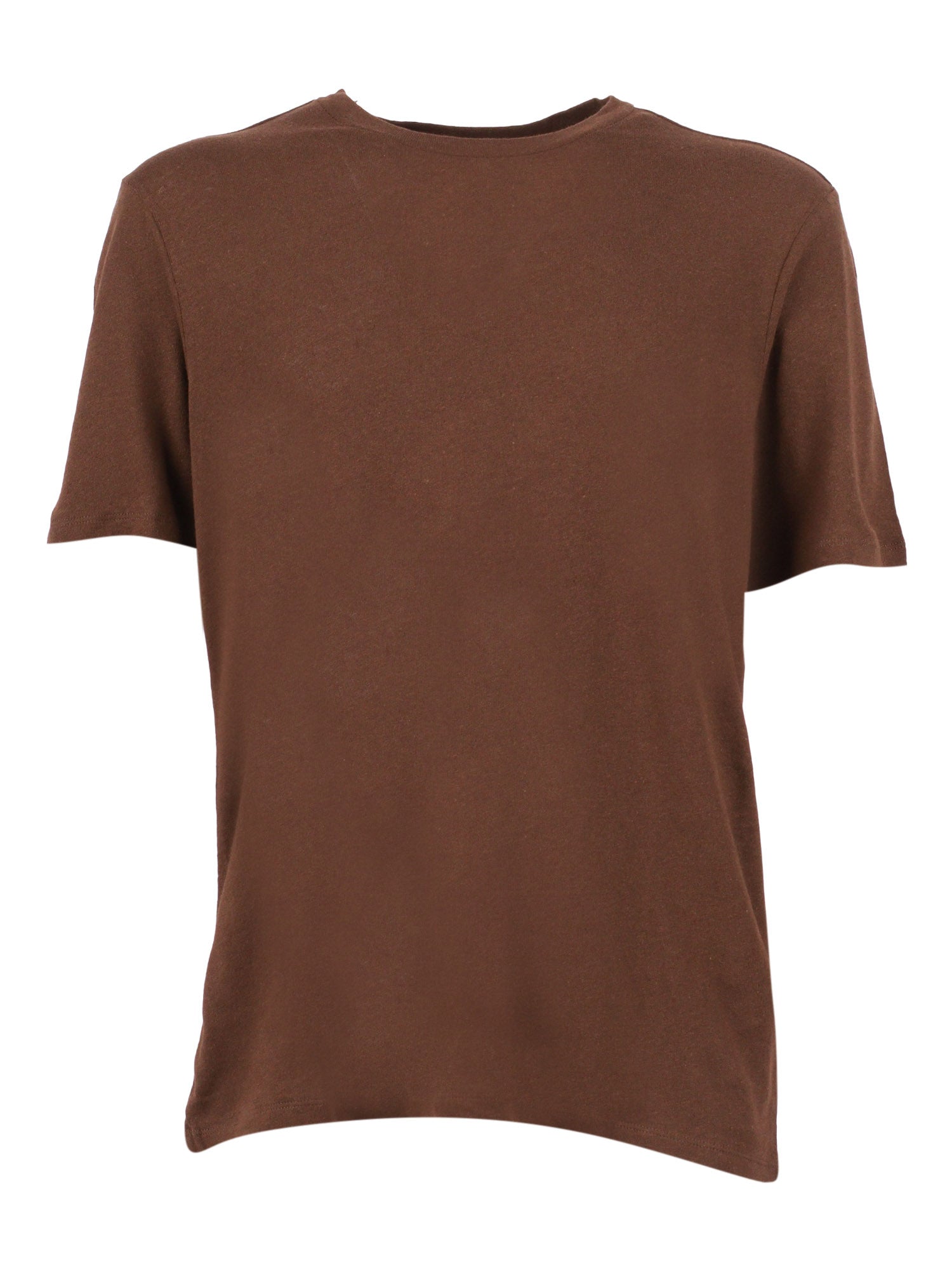 Short Sleeve Round Neck T-Shirt Brown Cotton Linen Sleeves