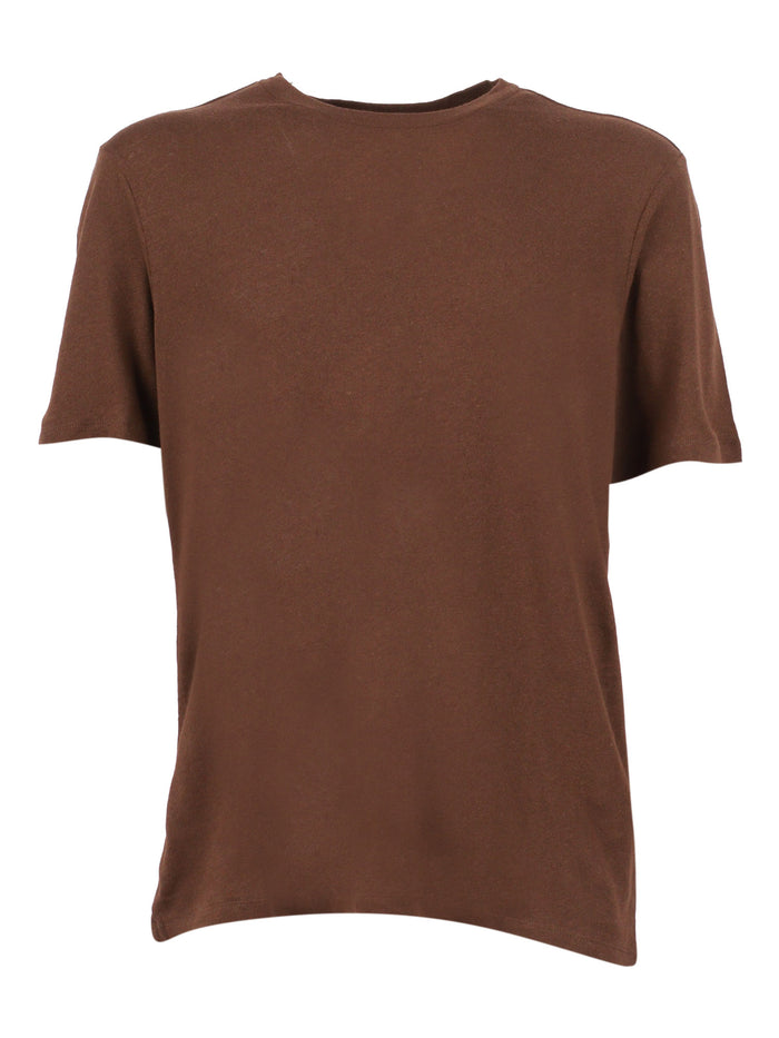 Short Sleeve Round Neck T-Shirt Brown Cotton Linen Sleeves