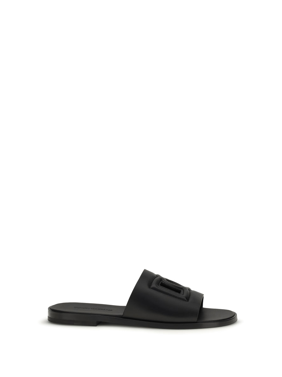 Sandals Embossed Logo Black Calf Leather