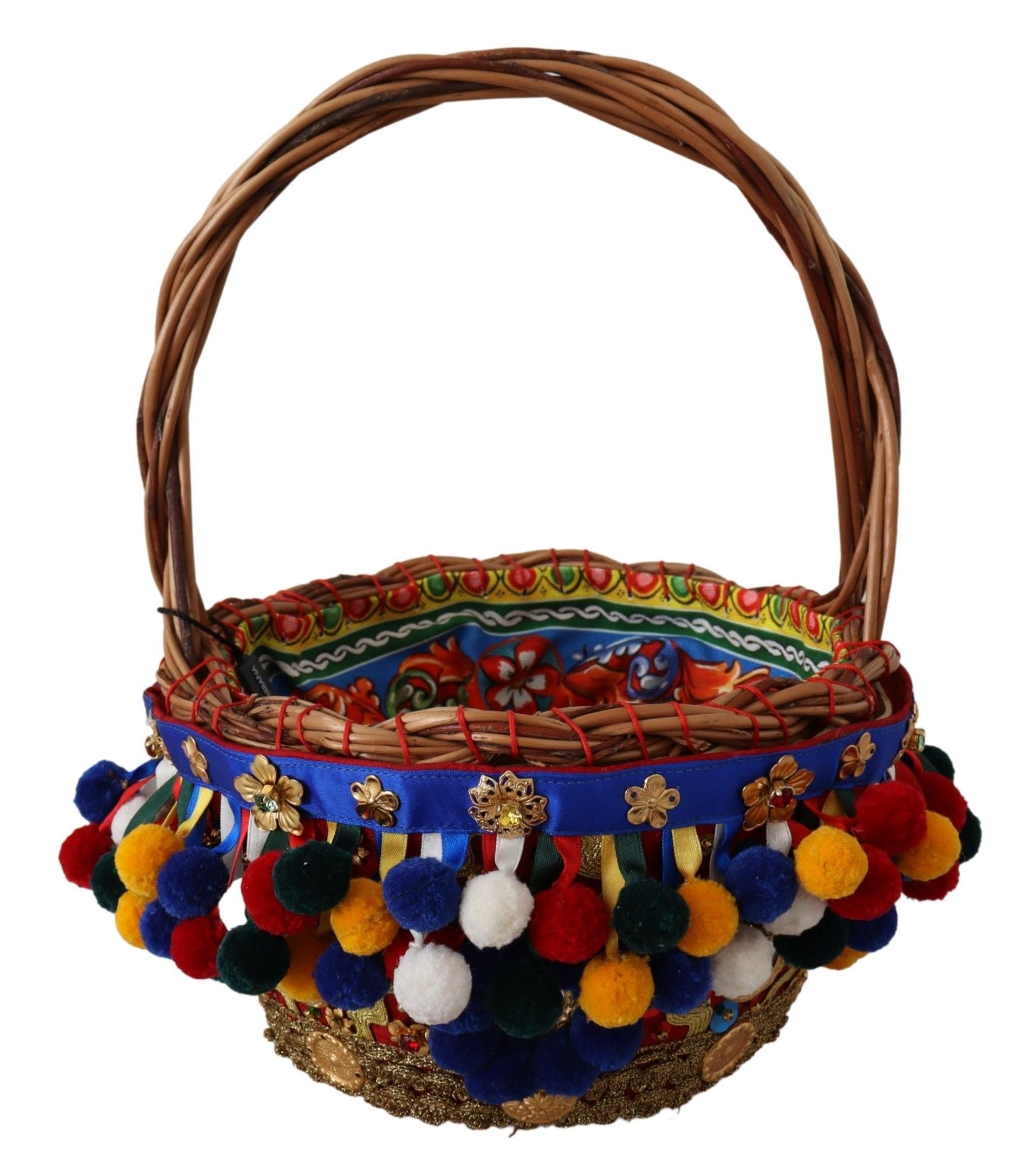Multicolor Cotton Embellished Agnese Basket Tote Bag Wicker