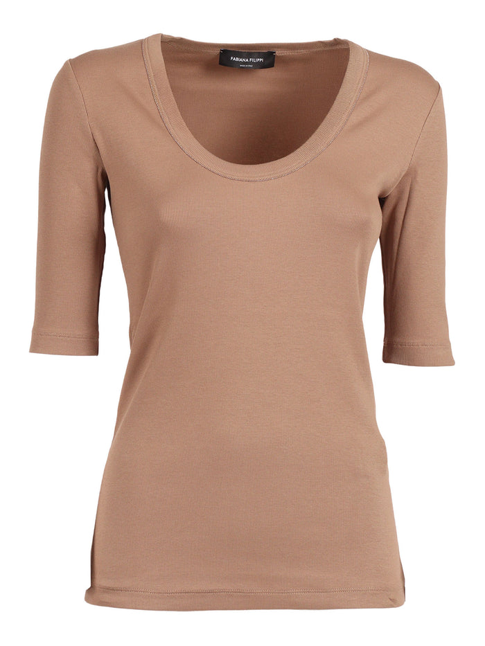 RIBBED COTTON JERSEY U NECK T-SHIRT FILO DIAMANTE DETAIL Beige Elastane