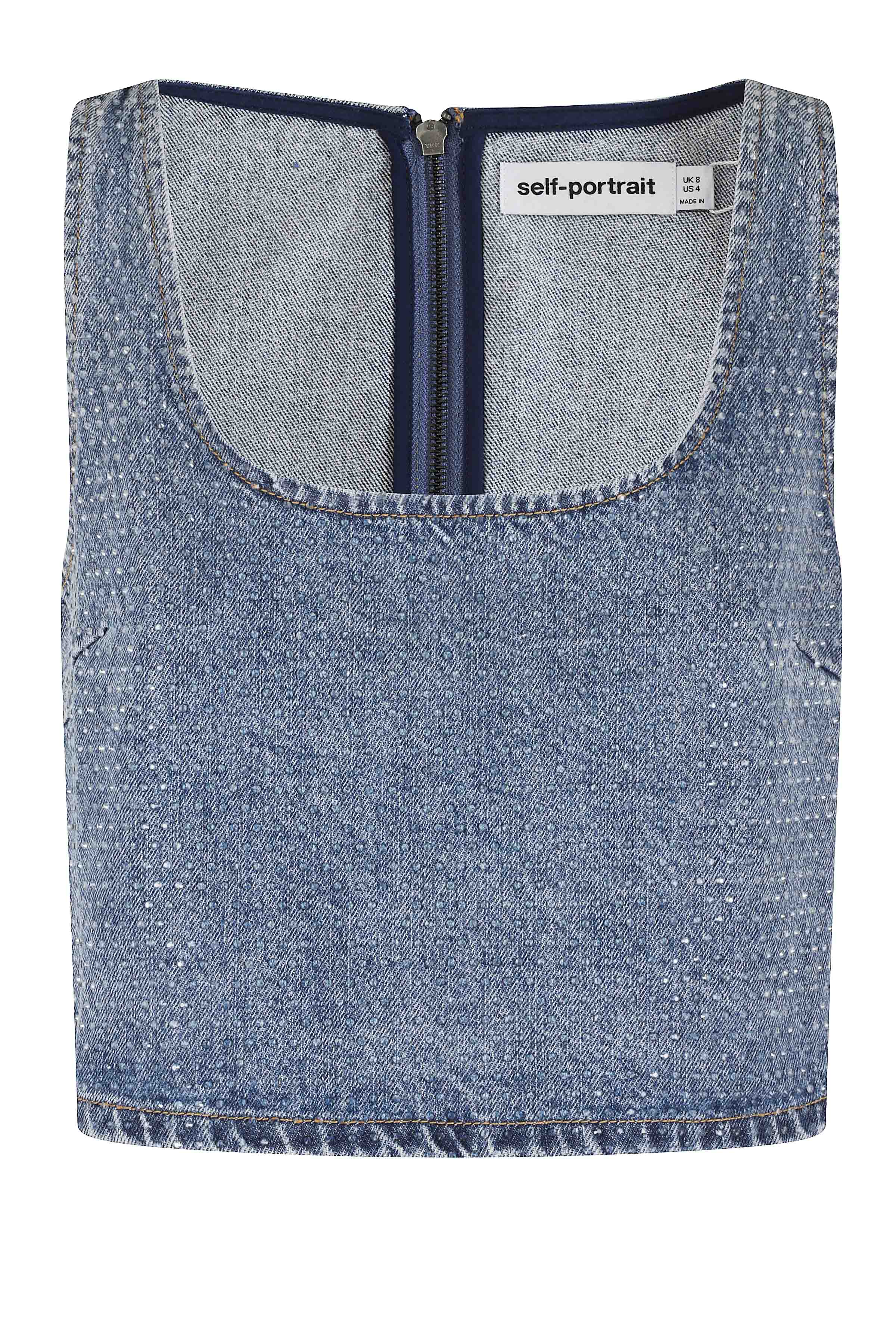 Rhinestone Denim Crop Top Blue Cotton