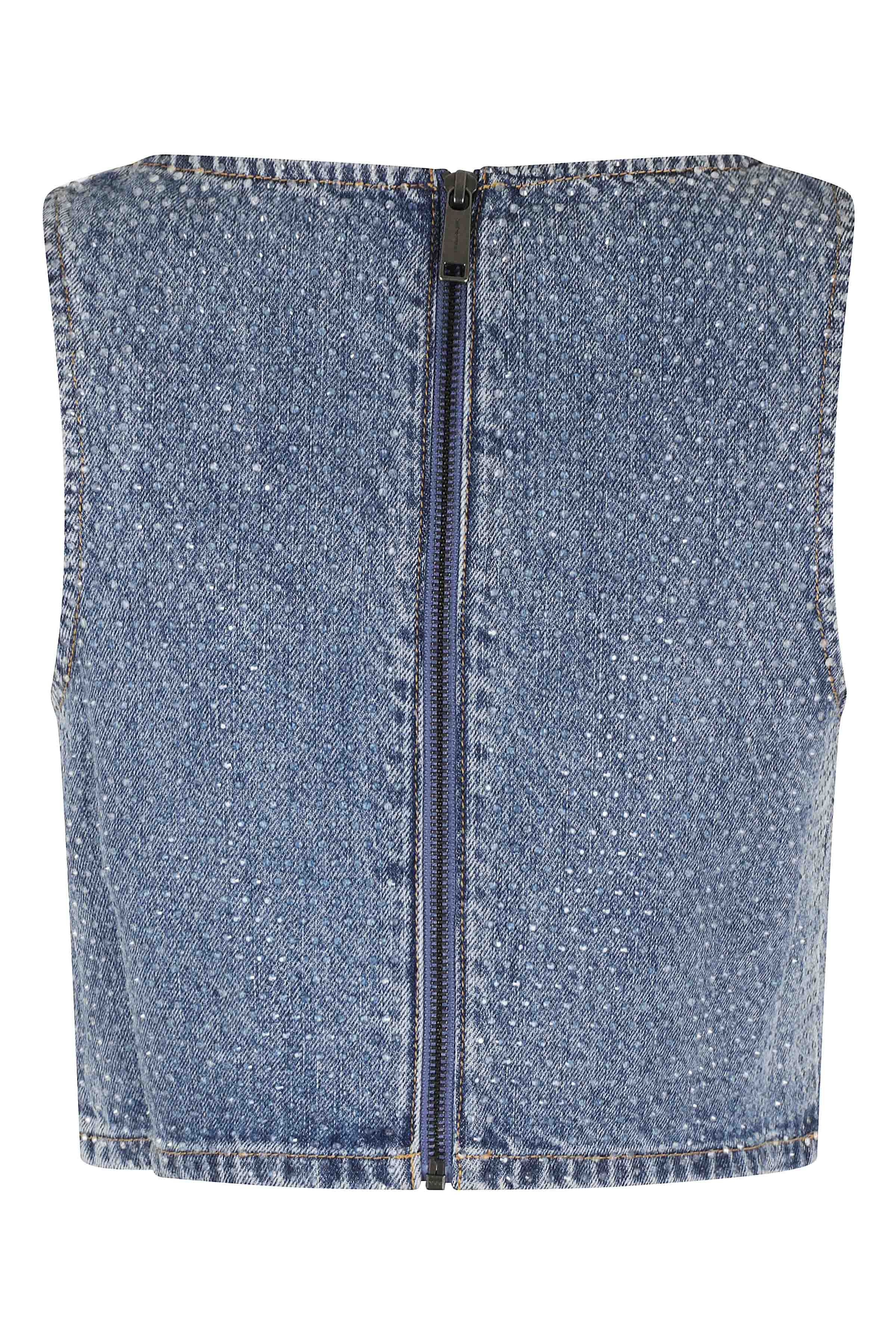 Rhinestone Denim Crop Top Blue Cotton