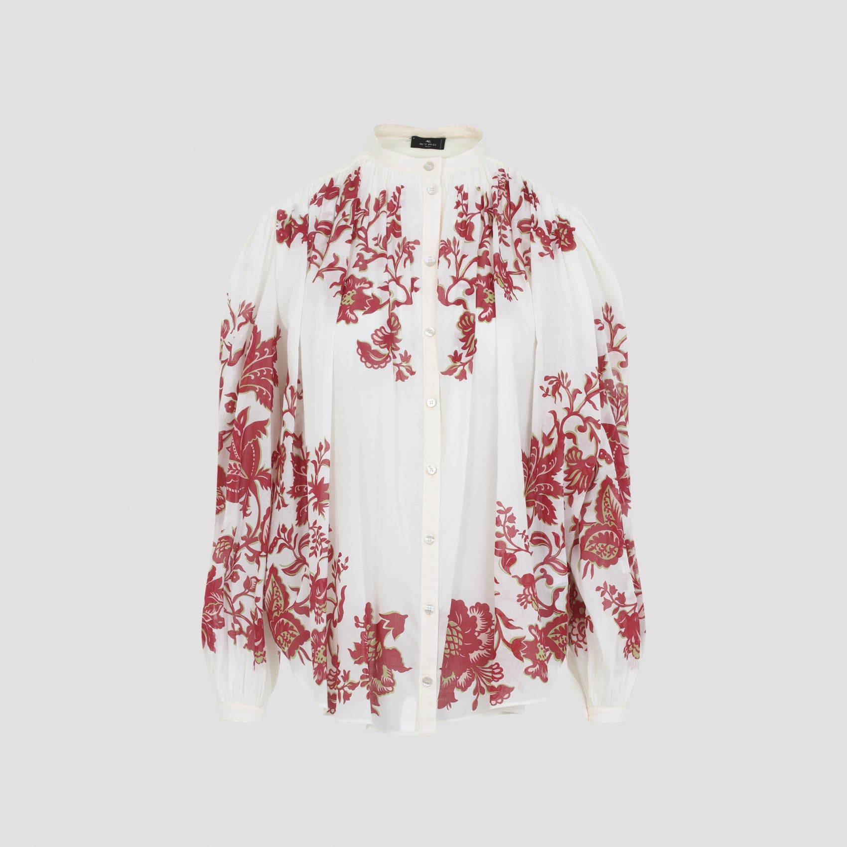 Pleates Band Collar Shirt White Cotton