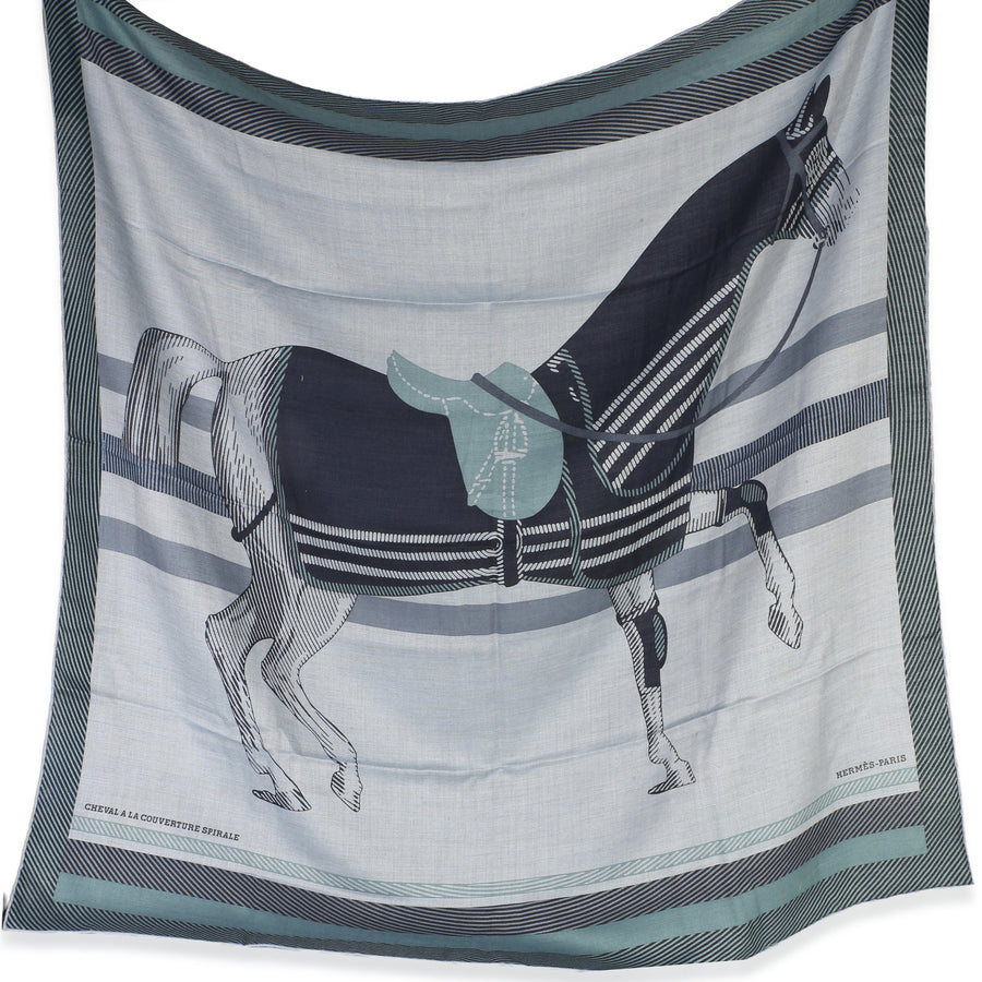 Hermès Mens Ciel Chine Cheval A La Couverture Cashmere Silk Scarf 100 Blue Scarves-Wraps Scarves/wraps