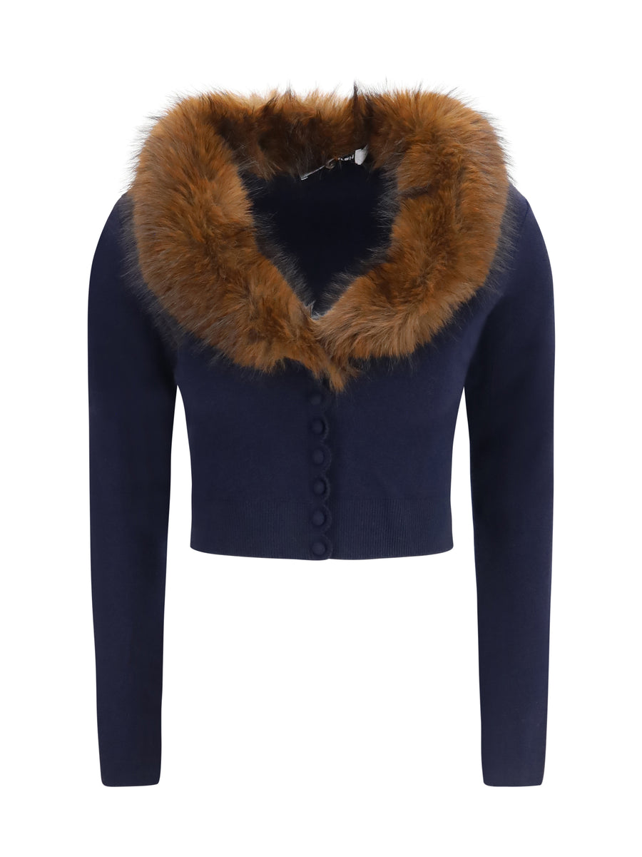 Knit And Faux Fur Cardigan Navy