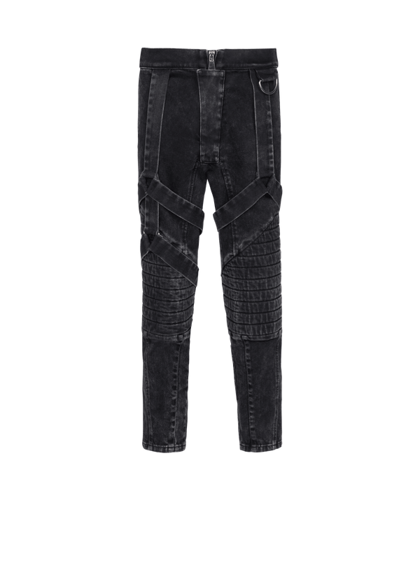 Balmain Mens Black Acid Wash Denim Pants With Straps