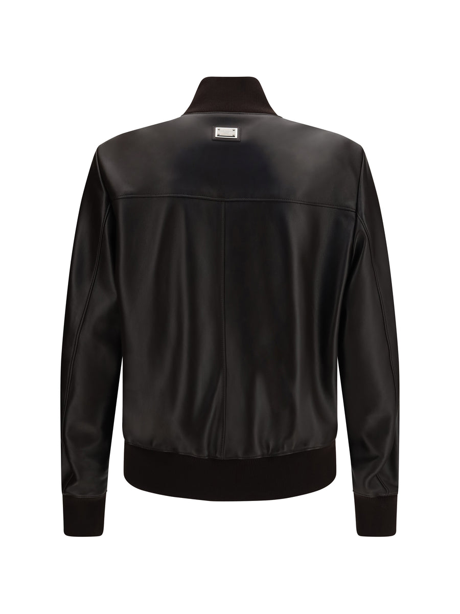 Lambskin Zip-Up Bomber Jacket Brown