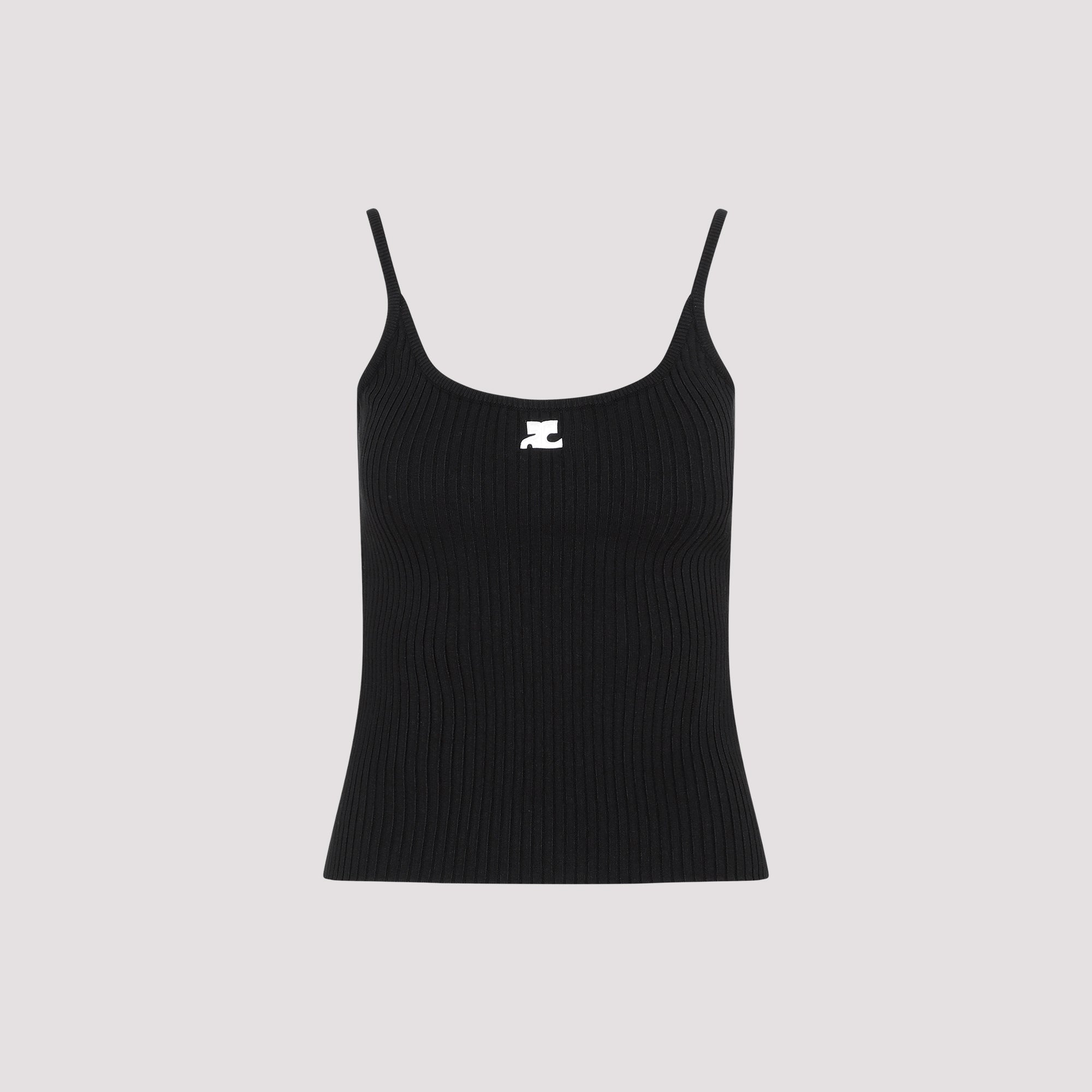 Rib Knit Tank Top Black Viscose Polyester Tshirt