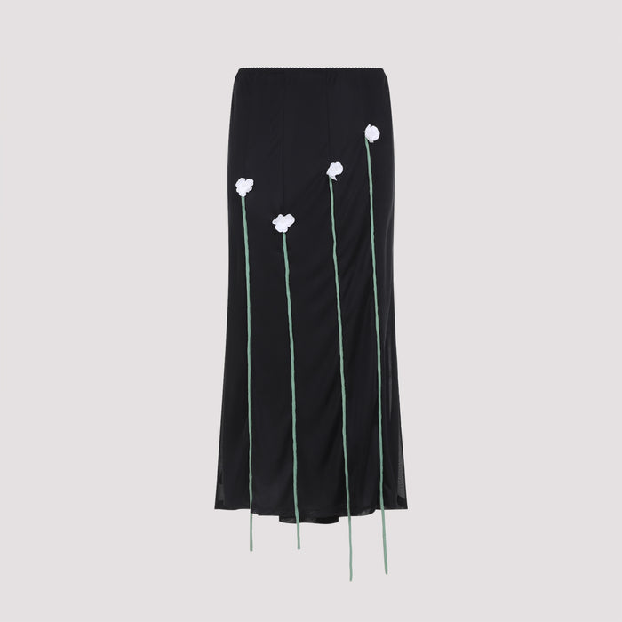 Midi Skirt Flower Details Black Polyester