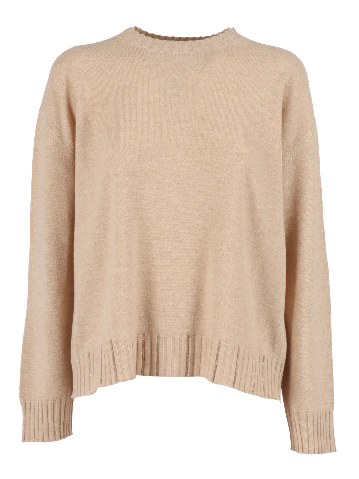 Platinum Crew Neck Sweater With Filo Diamante Beige Virgin Wool Silk Cashmere Crewneck