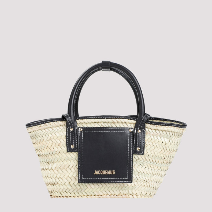 Le Petit Panier Soli Black Calf Leather Palm Leaf Bag