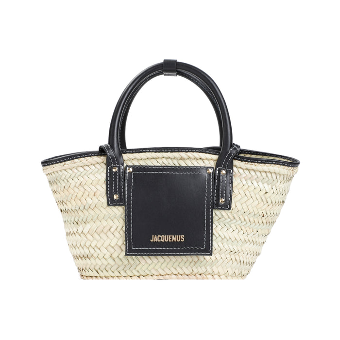 Le Petit Panier Soli Black Calf Leather Palm Leaf Bag