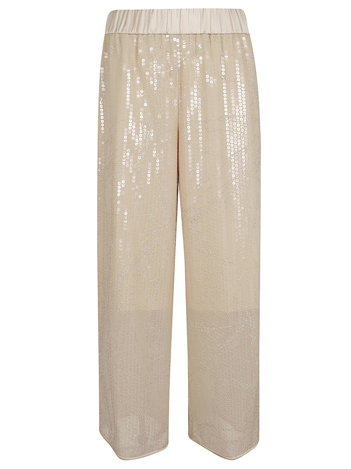 Pantalone Georgette Con Ricamo Di Pallette Nude & Neutrals Pantaloni
