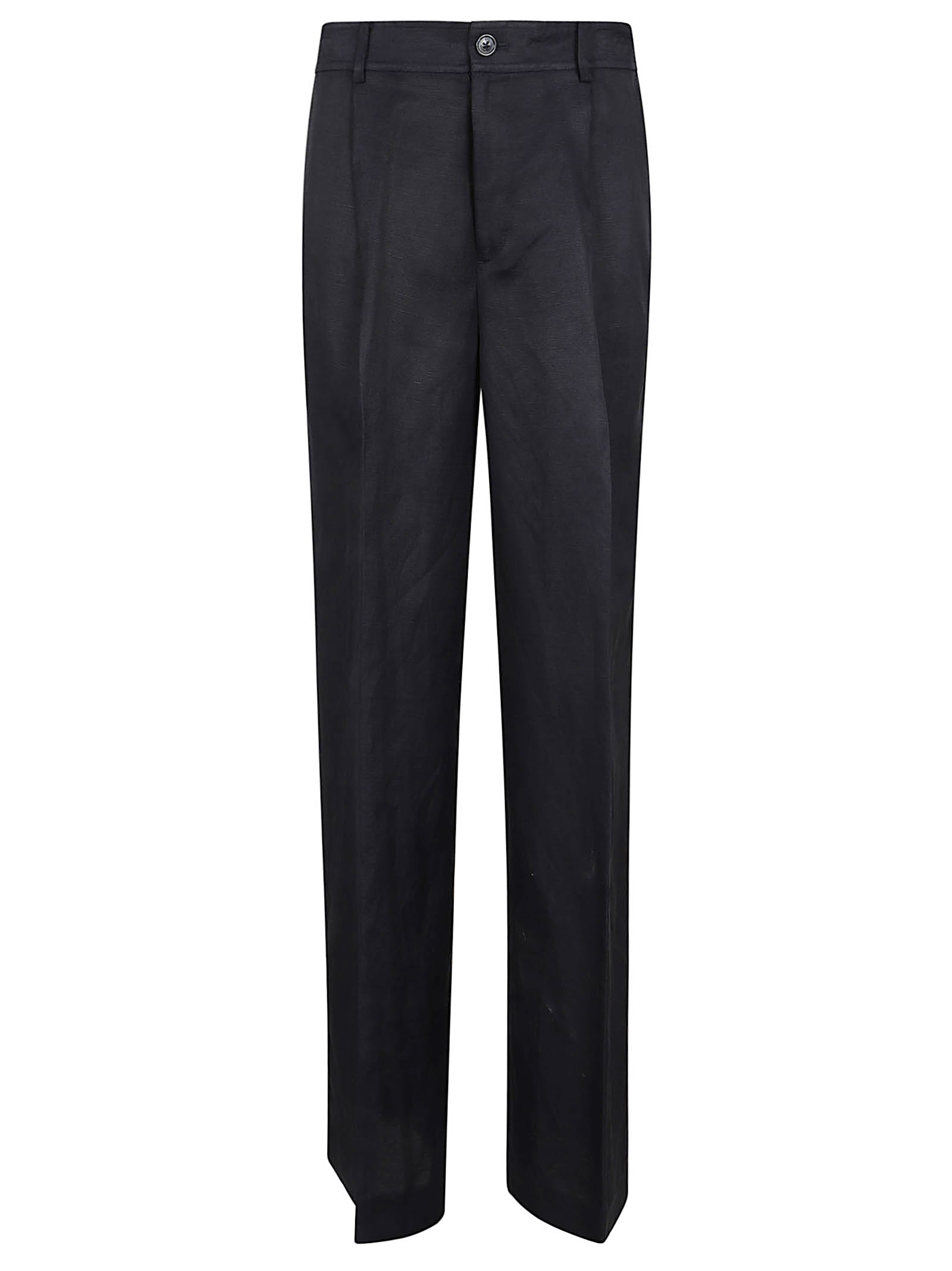 Woven-wide Leg-pants Blue Linen Viscose Pantaloni