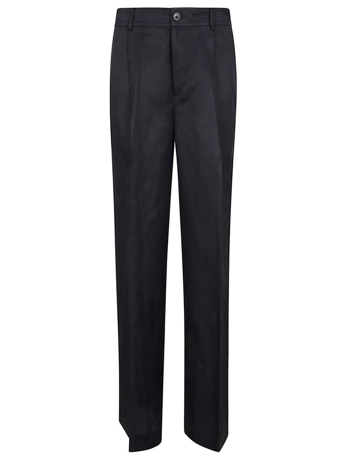 Woven-wide Leg-pants Blue Linen Viscose Pantaloni
