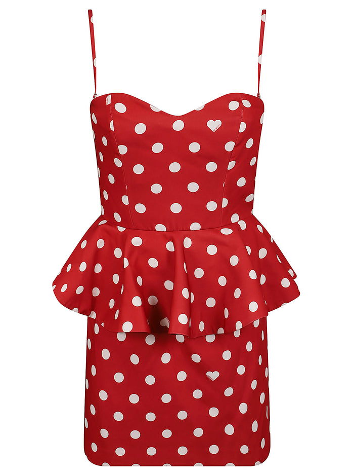 Red Polka Dot Crepe Peplum Mini Dress Polyester Abito