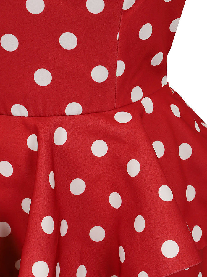 Red Polka Dot Crepe Peplum Mini Dress Polyester Abito