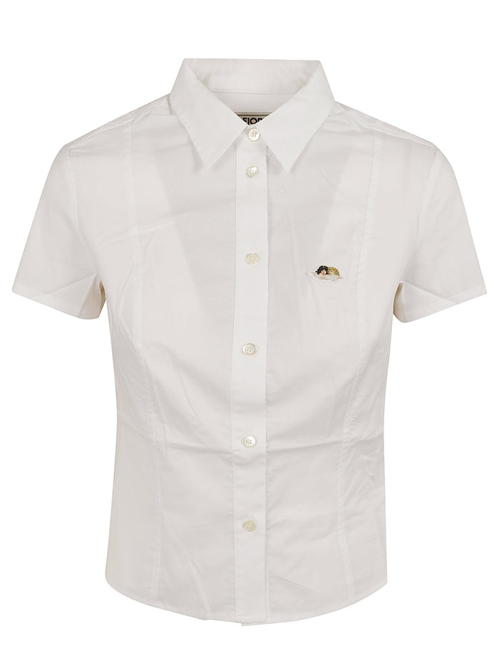 White Cropped Slim Angel Patch Shirt Camicia