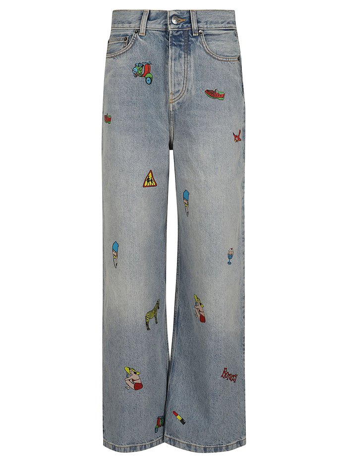 Womens Light Blue Comic Toys Print Baggy Jeans