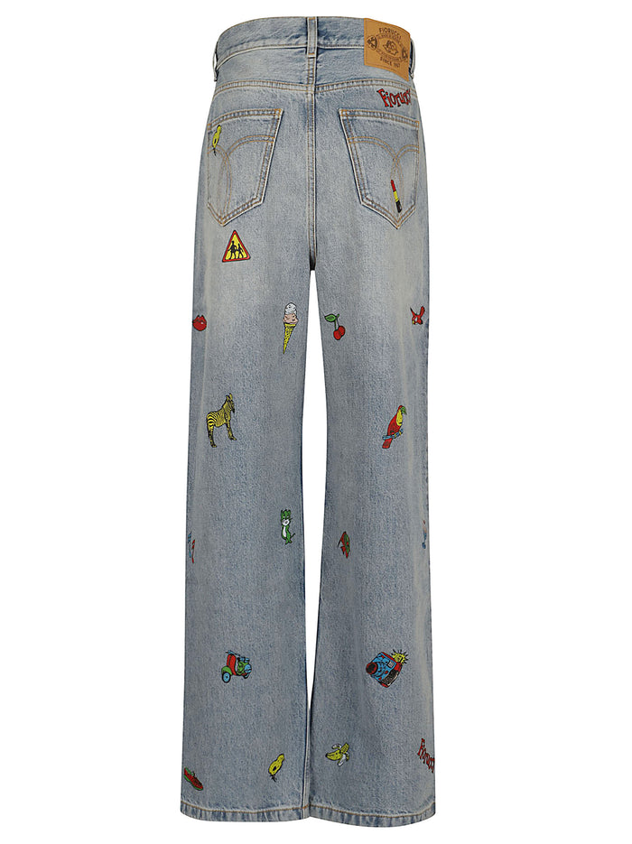 Womens Light Blue Comic Toys Print Baggy Jeans