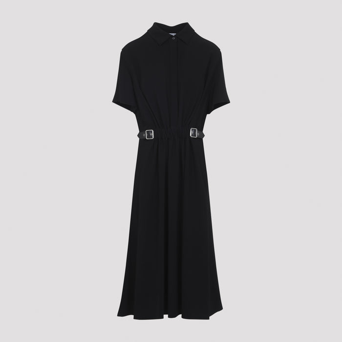 Belted Midi Dress Black Viscose Elastane Calf Skin