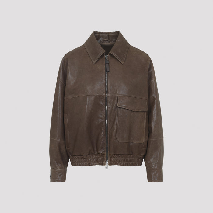 Leather Bomber Jacket Brown Acetate Silk