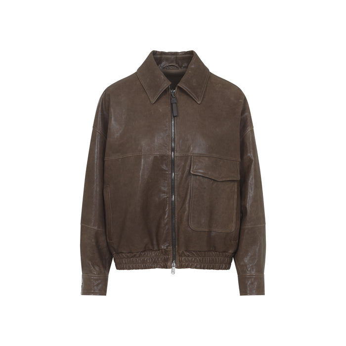 Leather Bomber Jacket Brown Acetate Silk