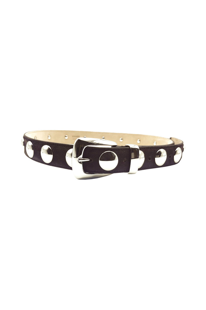 Benny Belt In Suede With Studs Silver Buckle Brown Calfskin Cintura