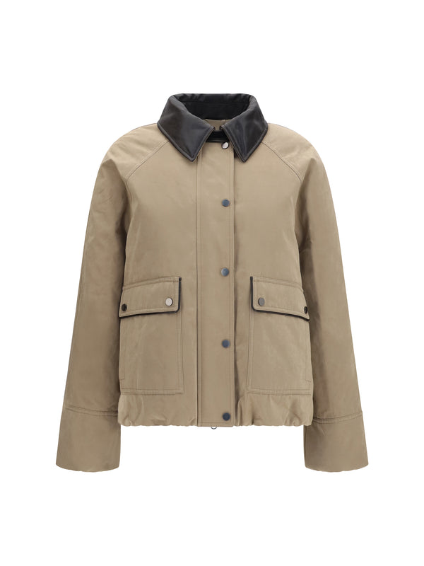 Padded Down Jacket, Leather Collar, Mushroom Cotton