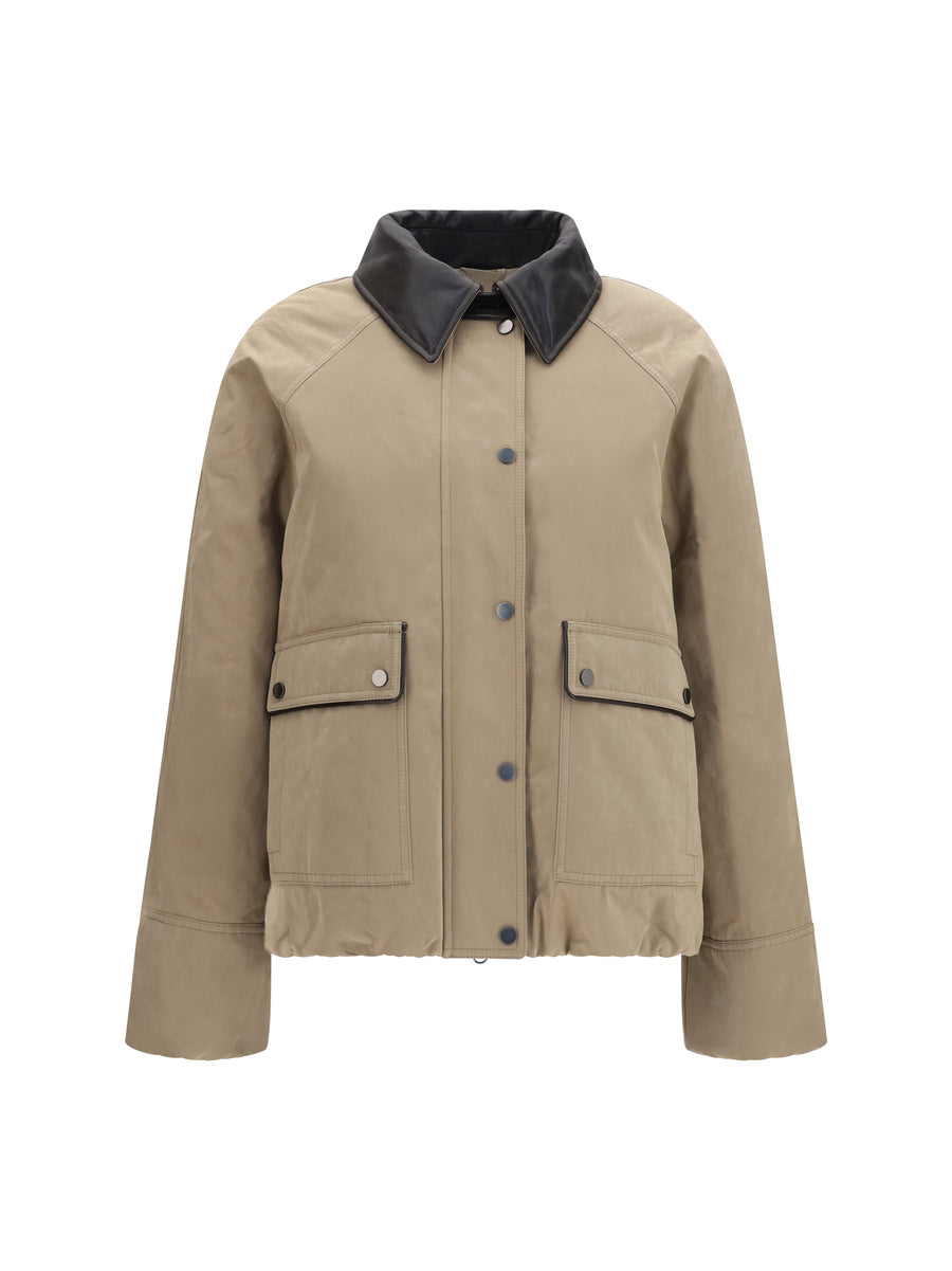 Padded Down Jacket, Leather Collar, Mushroom Cotton