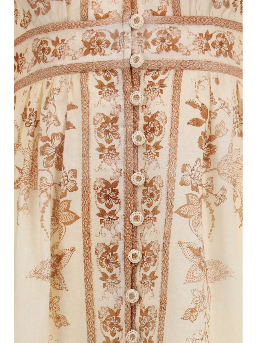 Dress Indra Plunge Cream Tan Floral Linen