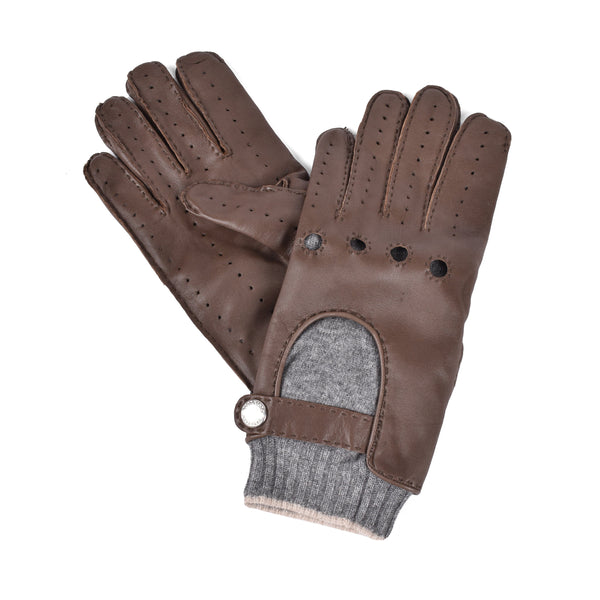 Brunello Cucinelli Mens Brown Leather Knit Cuff Driving Gloves Accessories & Slg