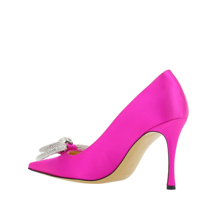 Mach & Double Bow Satin Pumps Pink Calf Leather