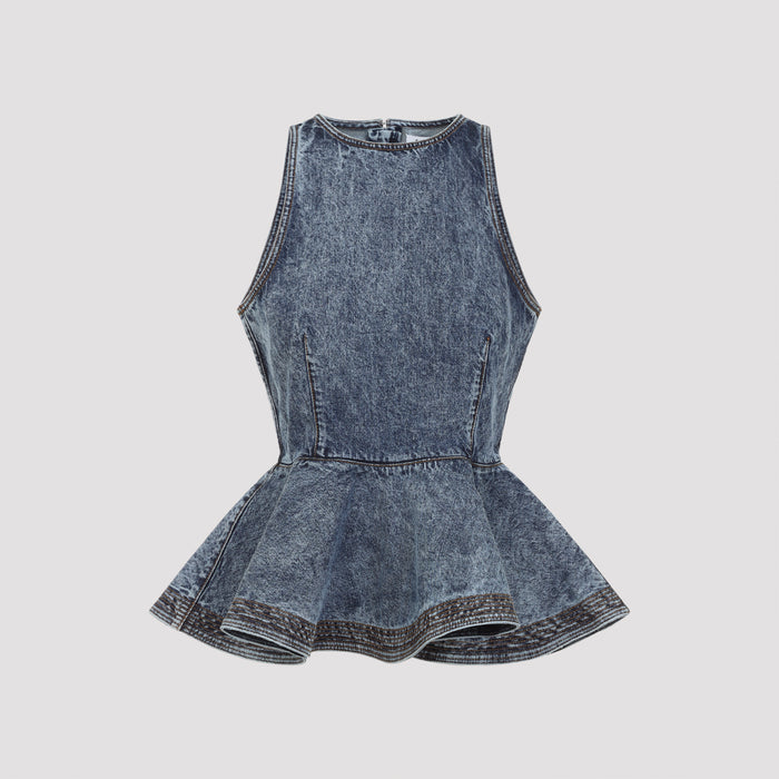 Peplum Top Blue Cotton Polyurethane