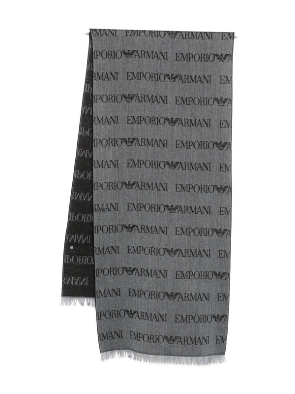 Emporio Armani Virgin Wool Blend Scarf With Jacquard Lettering Logo And Fringes