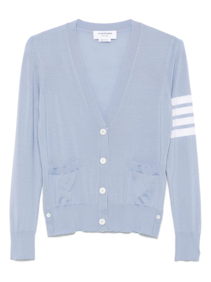 Thom Browne Striped-Sleeve Wool Cardigan — Light Blue