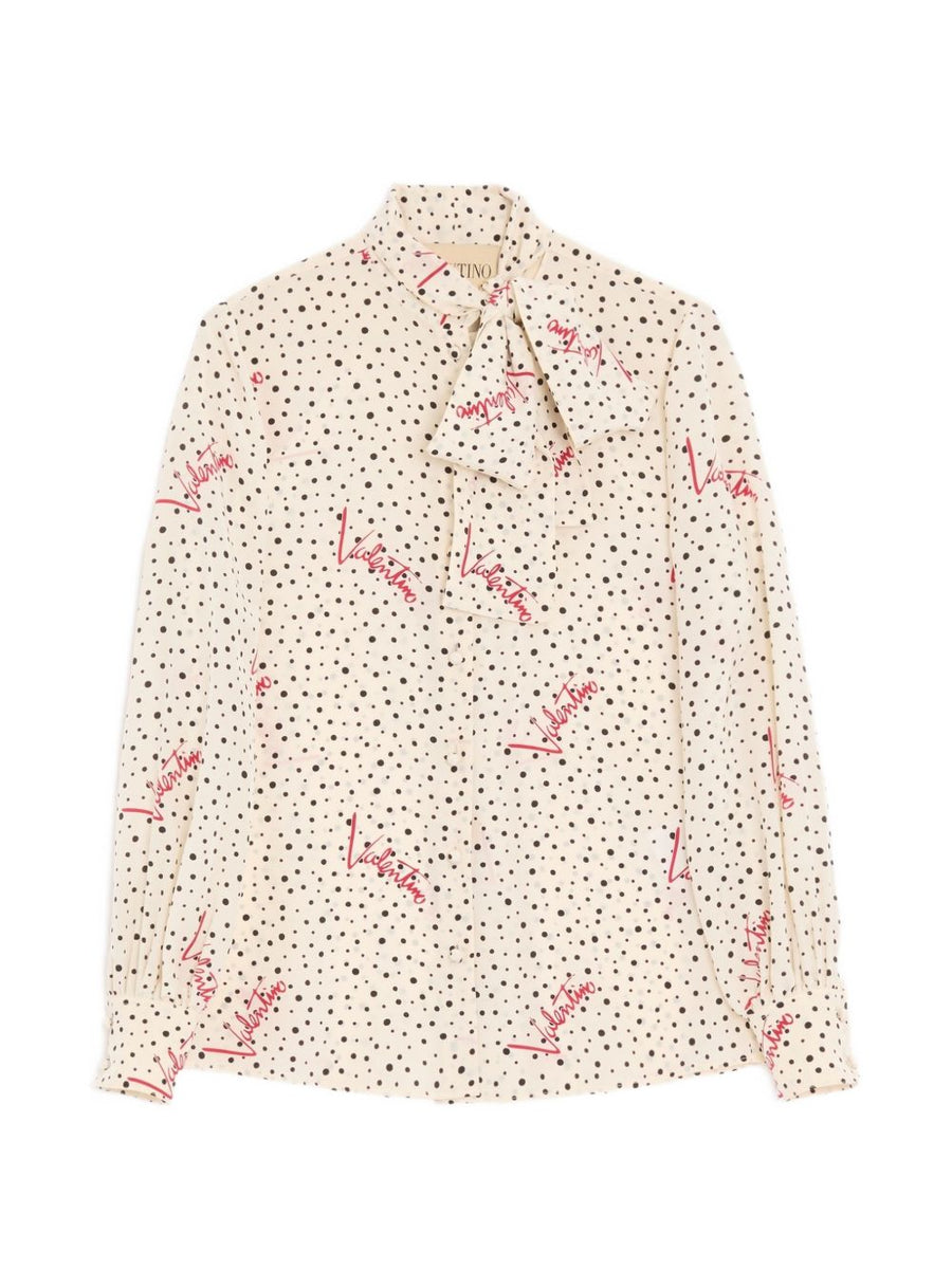 Valentino Plus de Pois Printed Silk Shirt — Beige