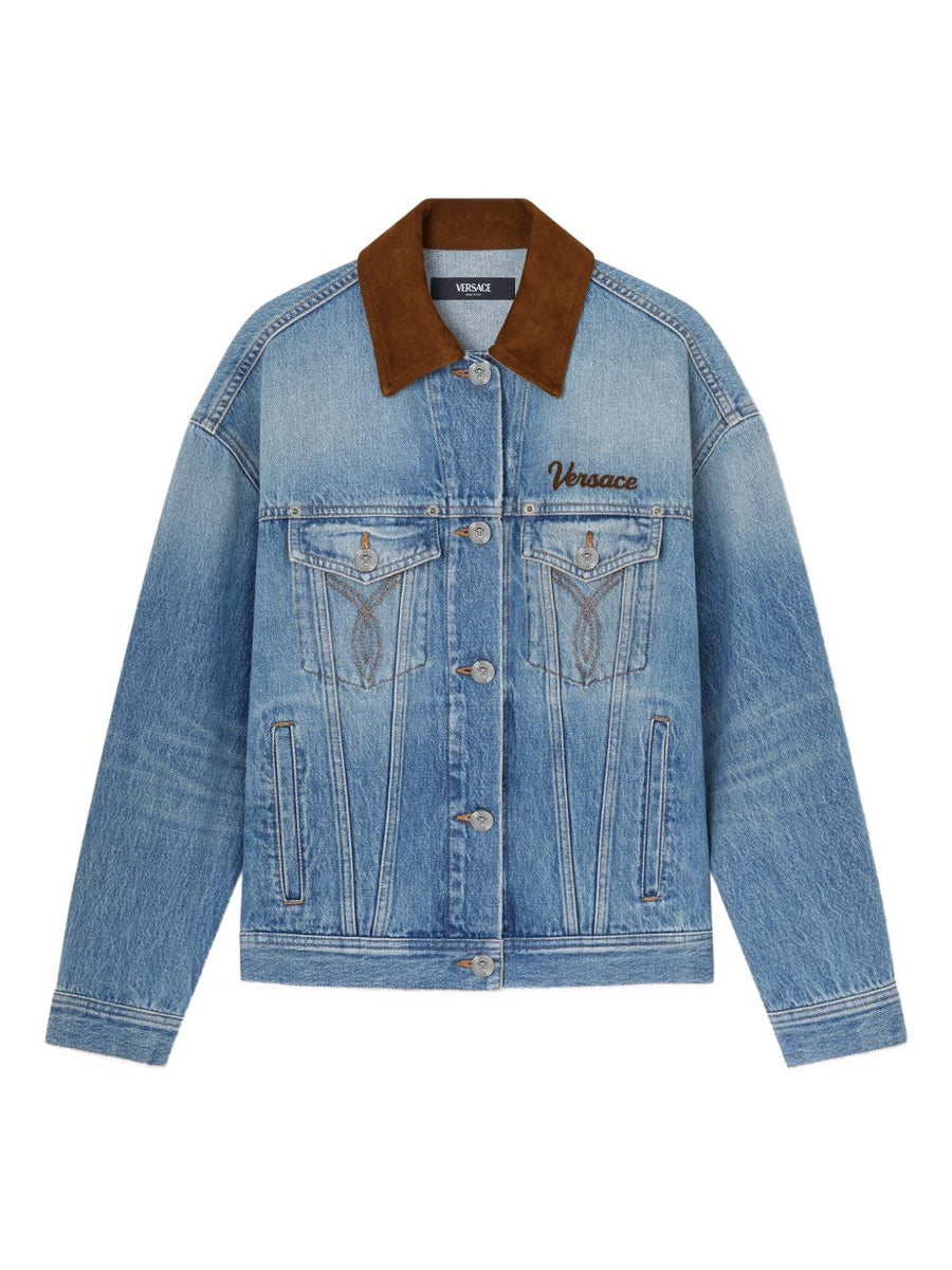 Versace Denim with Suede Collar Jacket — Blue