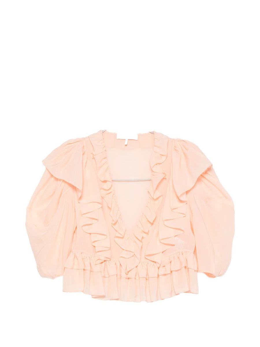 Chloé Ruffled V-Neck Puff Sleeve Blouse — Peach