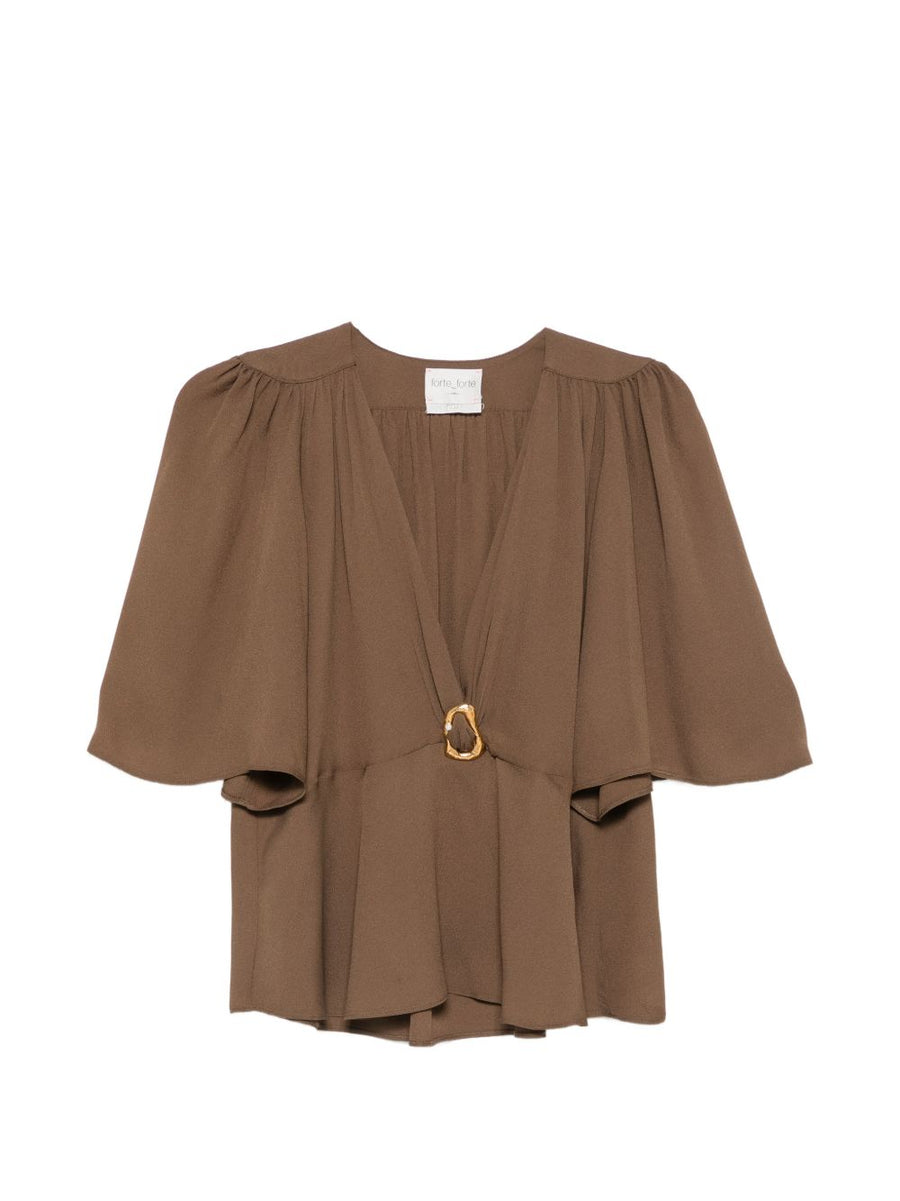 Forte Forte Cape-Sleeve V-Neck Blouse — Brown