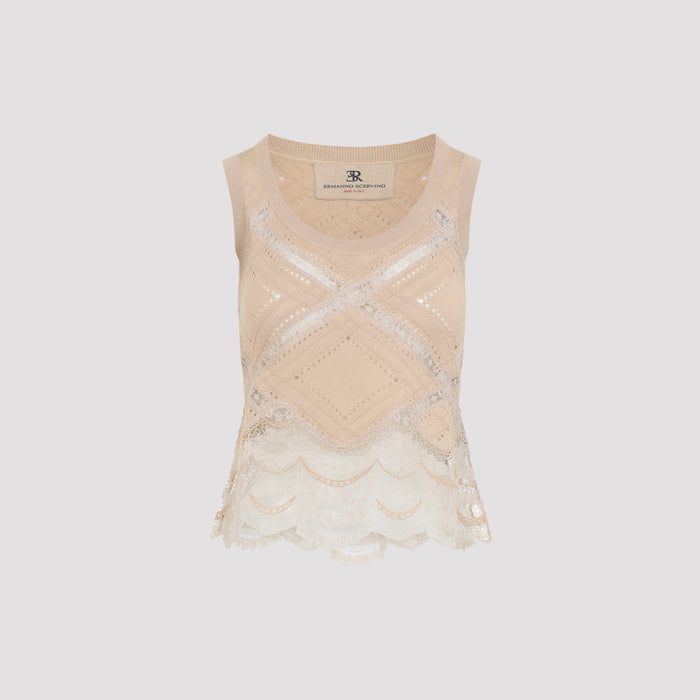 Sleeveless Knit Top White Silk Cotton