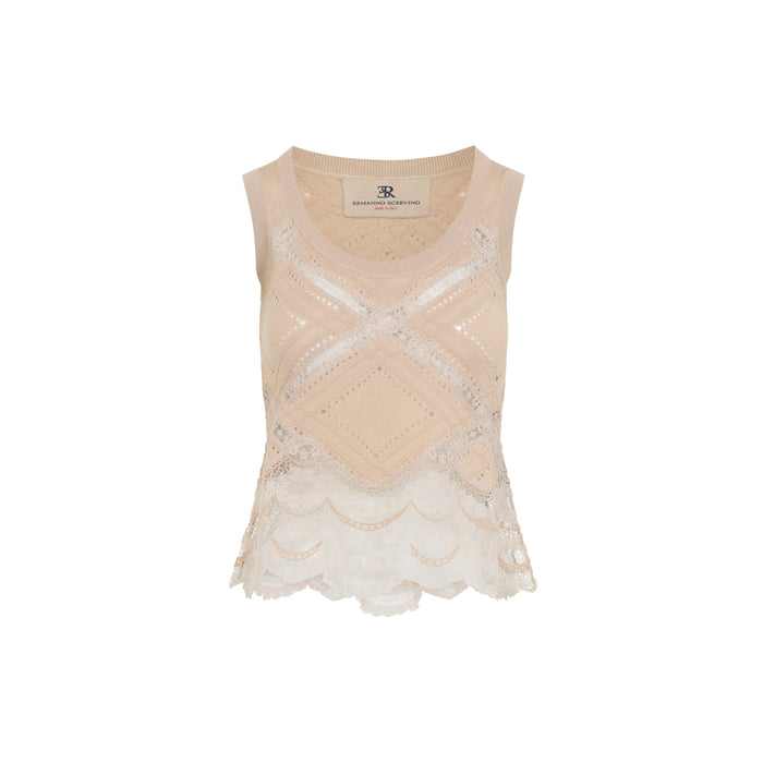Sleeveless Knit Top White Silk Cotton